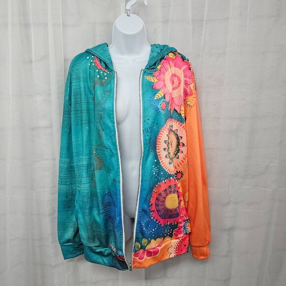 Blue Orange Hooded Zip Boho Sweatshirt L - Picture 5 of 10